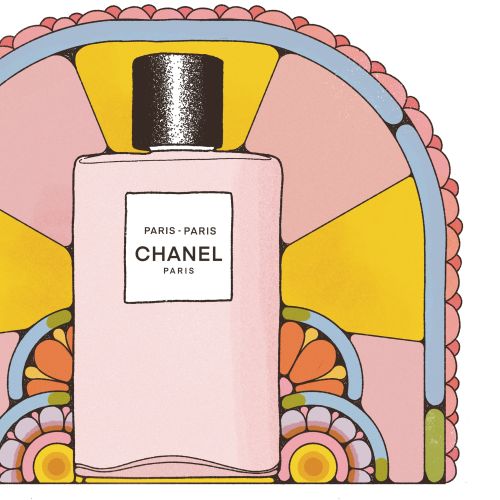 Illustration of Chanel Paris perfume bottle with colorful retro background by Lydia Silver