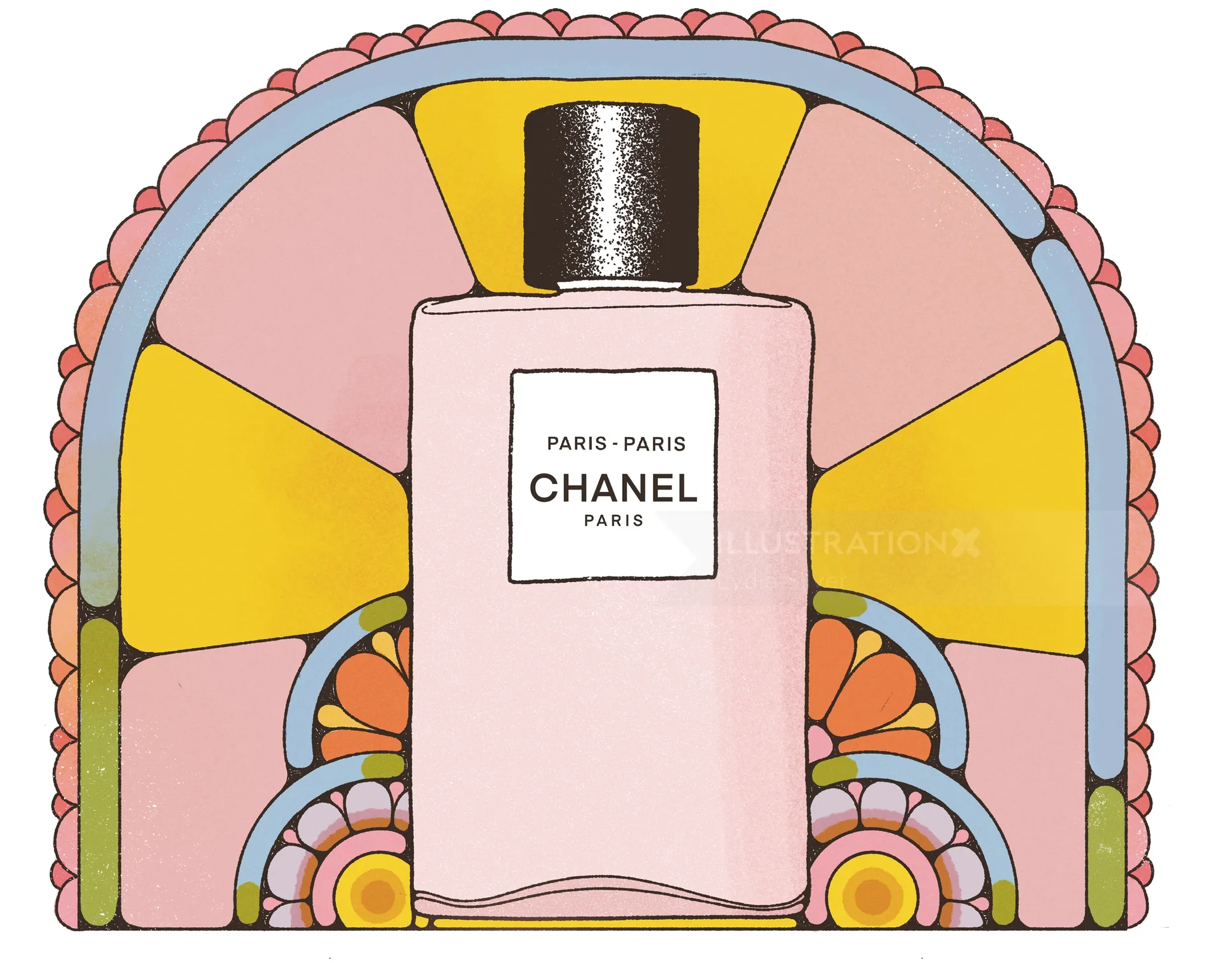 Illustration d'un flacon de parfum Chanel Paris sur fond rétro coloré par Lydia Silver