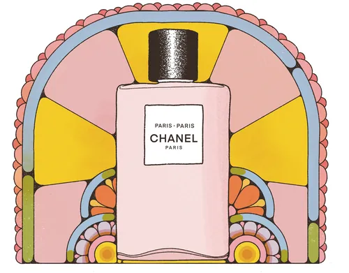 Illustration d'un flacon de parfum Chanel Paris sur fond rétro coloré par Lydia Silver