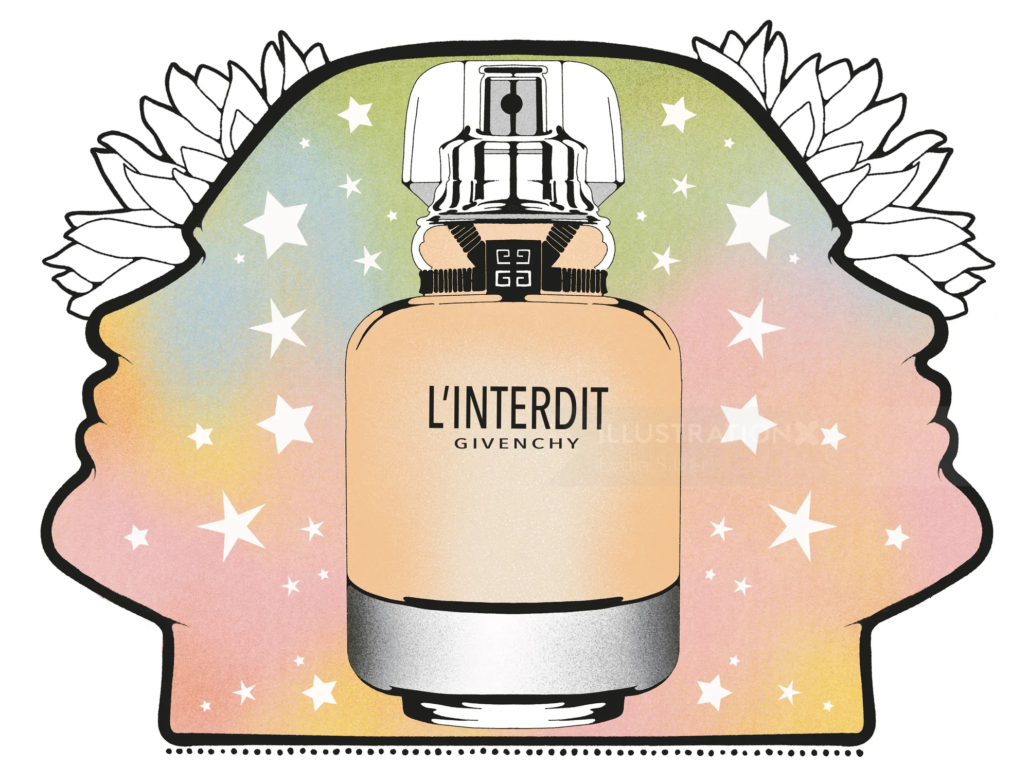 Illustration du flacon de parfum Givenchy L'Interdit orné de silhouettes florales par Lydia Silver