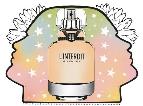 Illustration du flacon de parfum Givenchy L'Interdit orné de silhouettes florales par Lydia Silver