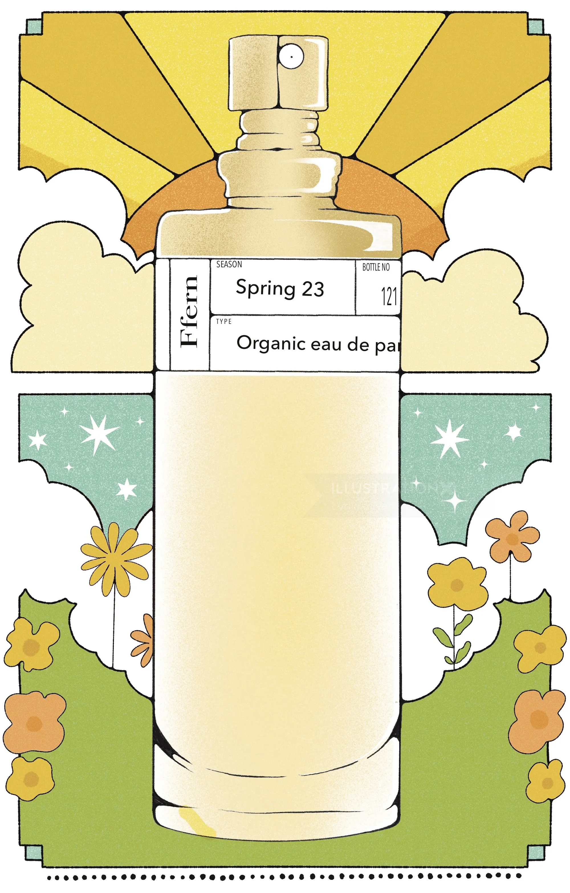 Illustration d'un flacon de parfum sur fond floral et soleil, par Lydia Silver