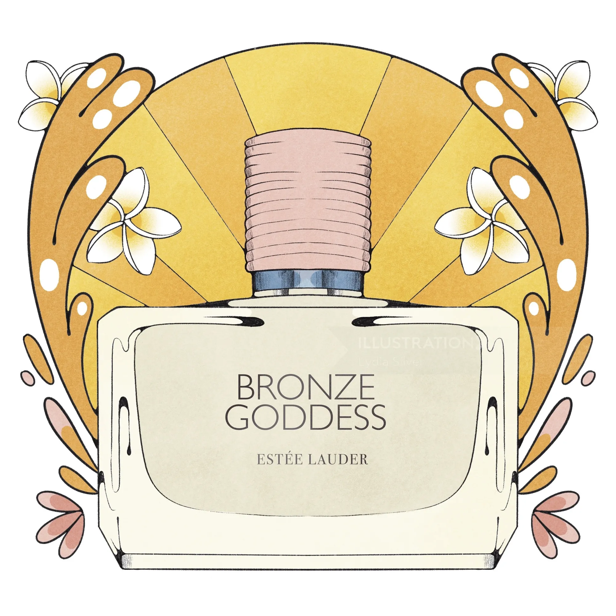 Fragrance bottle illustration of Estée Lauder Bronze Goddess by Lydia Silver