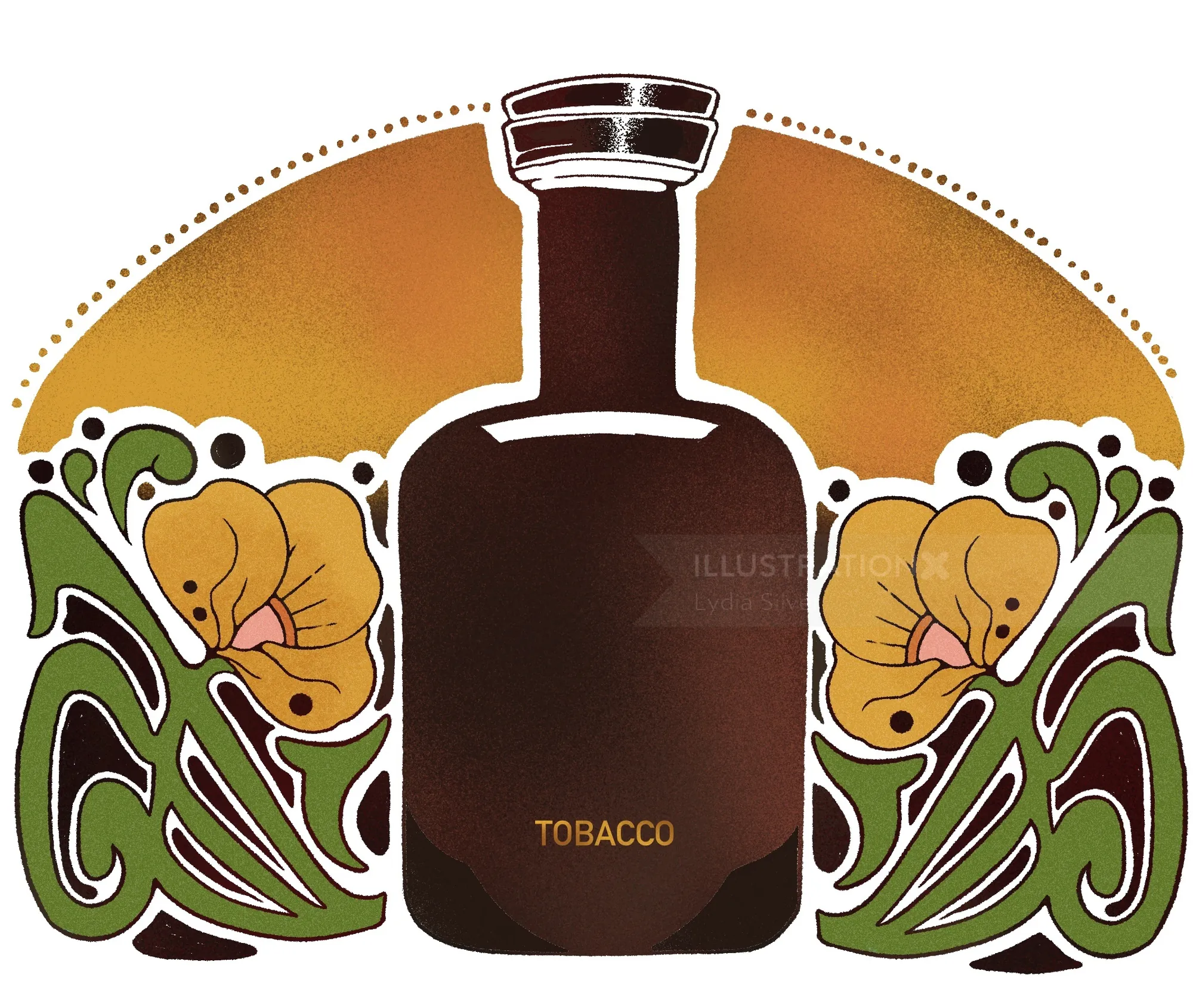 Illustration of a dark tobacco fragrance bottle with floral accents by Lydia Silver