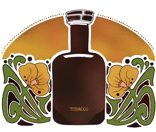 Illustration d'un flacon de parfum tabac foncé avec des accents floraux par Lydia Silver