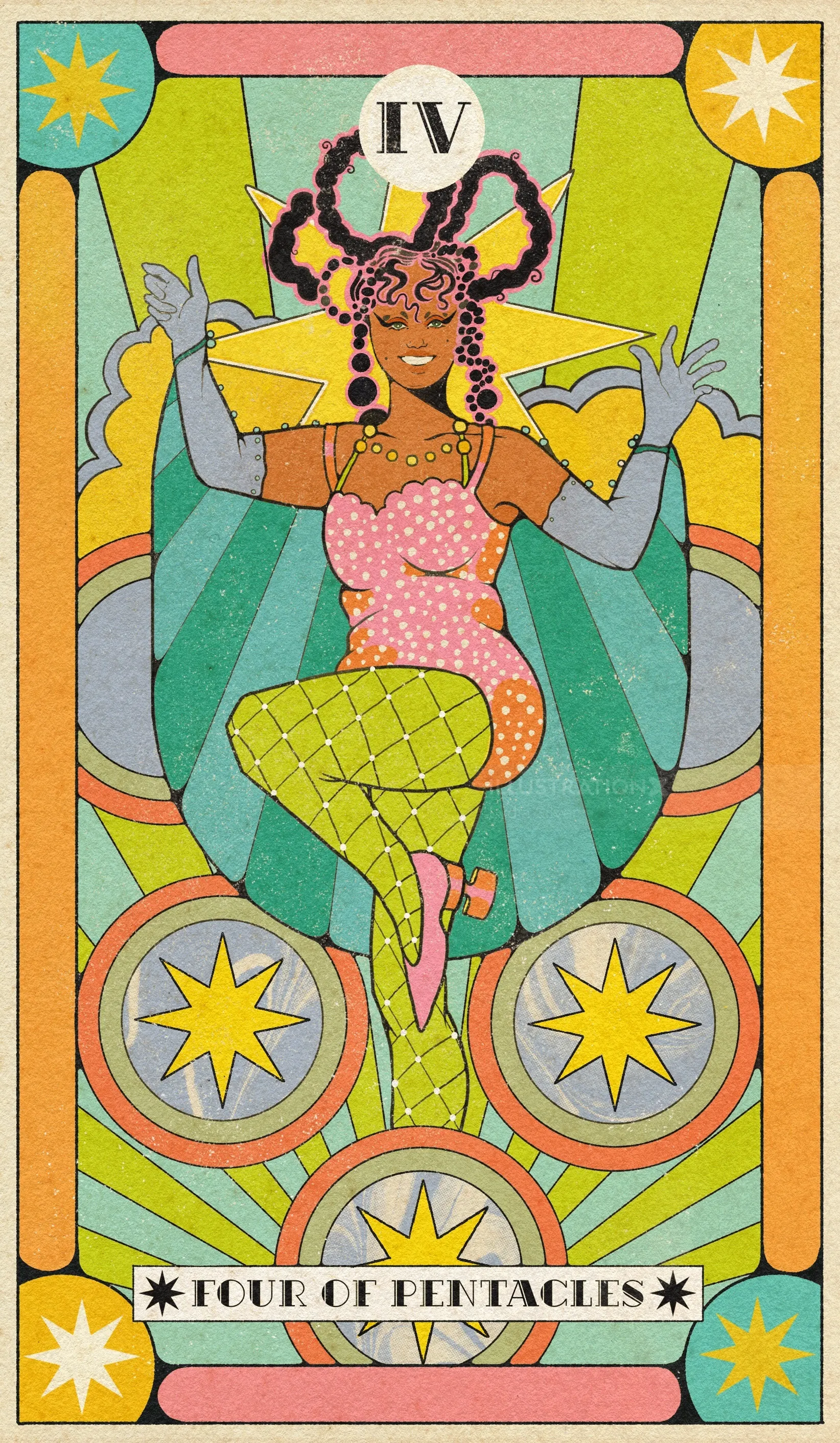 La carte de tarot Quatre de Deniers dans un style psychédélique par Lydia Silver