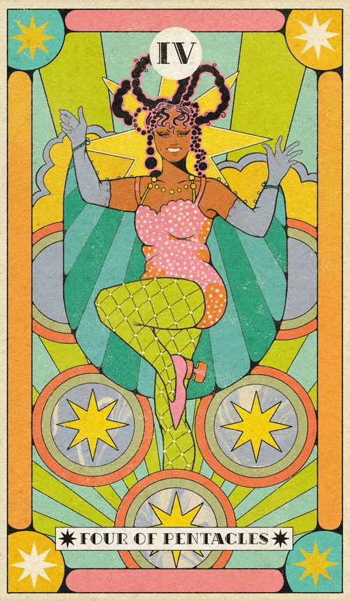 La carte de tarot Quatre de Deniers dans un style psychédélique par Lydia Silver