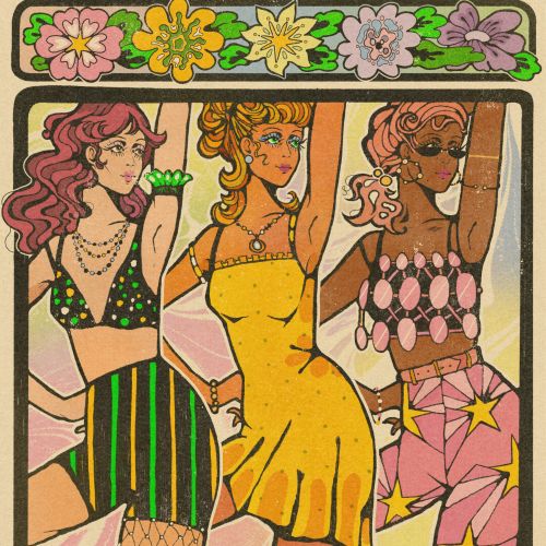 Vintage style illustration of three women with floral border by Lydia Silver