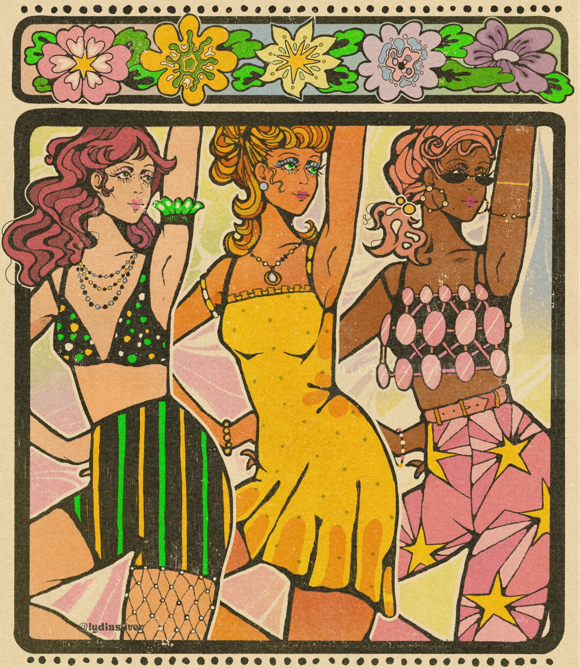 Illustration de style vintage représentant trois femmes avec une bordure florale, par Lydia Silver.