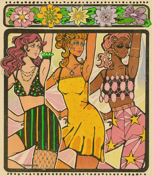 Illustration de style vintage représentant trois femmes avec une bordure florale, par Lydia Silver.