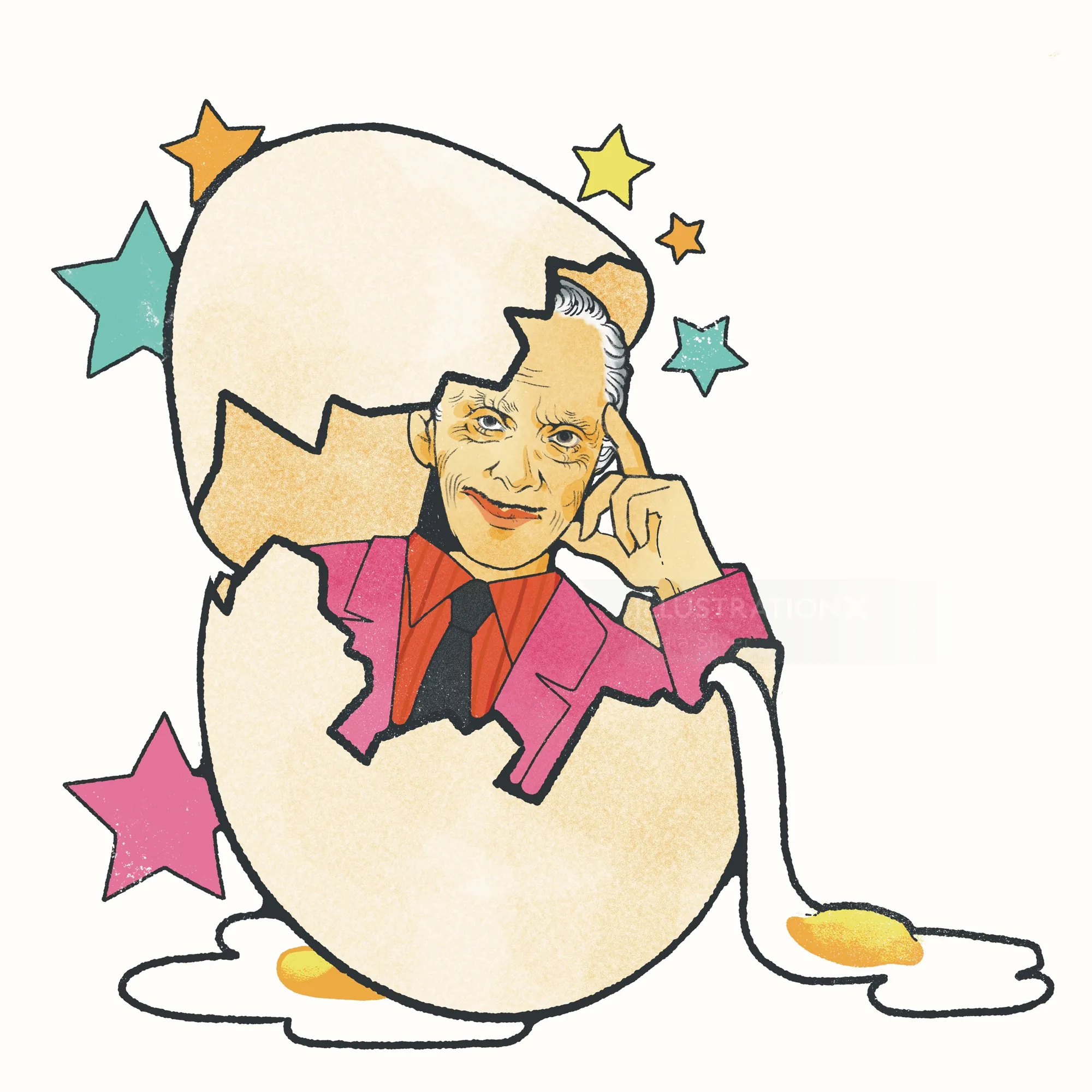 Illustration of John Waters emerging from a cracked egg by Lydia Silver