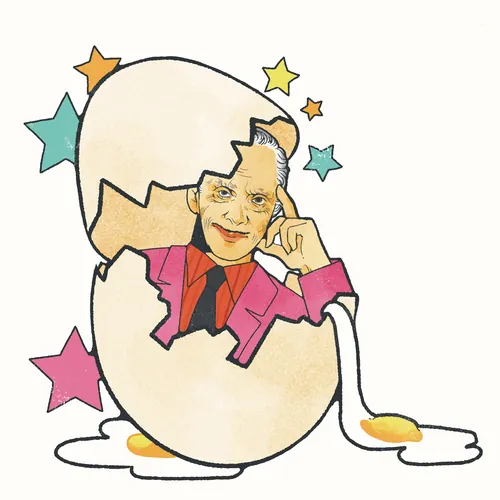 Illustration de John Waters sortant d'un œuf fêlé par Lydia Silver