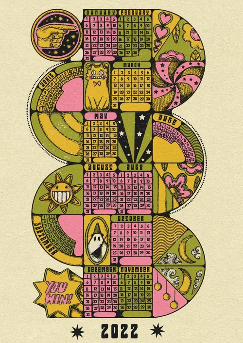 Calendrier 2022 de style vintage, illustré par Lydia Silver avec des motifs texturés