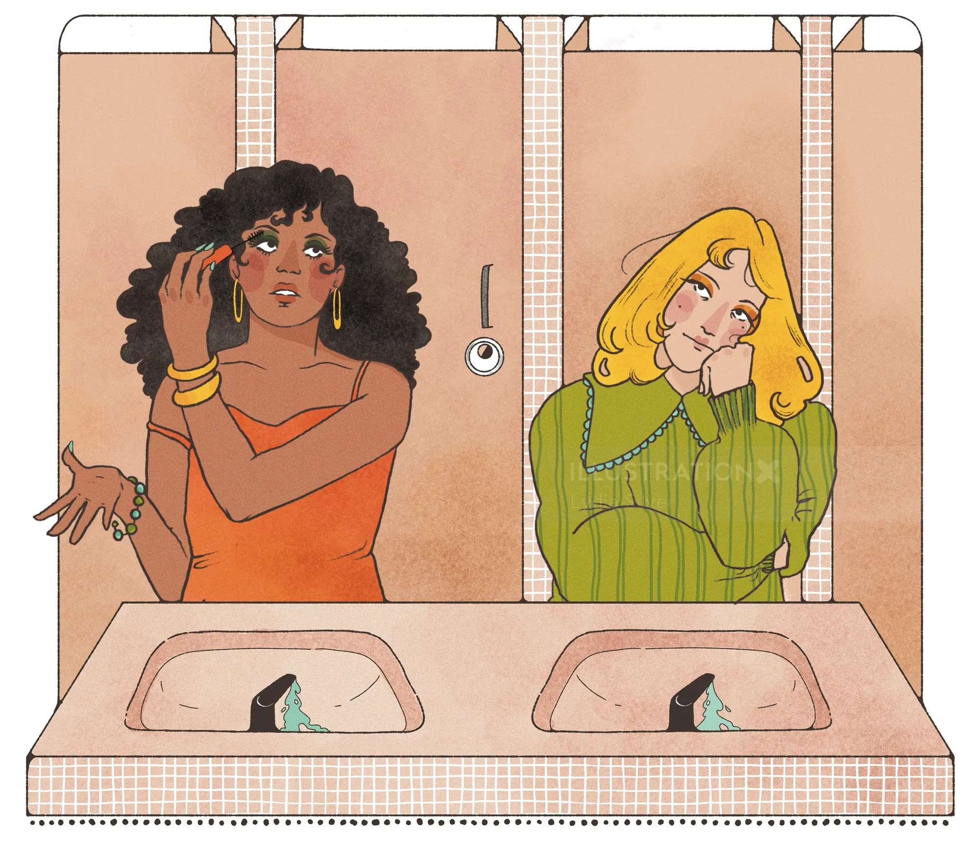 Illustration of two women in restroom stalls with sinks, by Lydia Silver