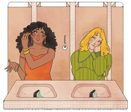 Illustration de deux femmes dans des cabines de toilettes avec lavabos, par Lydia Silver