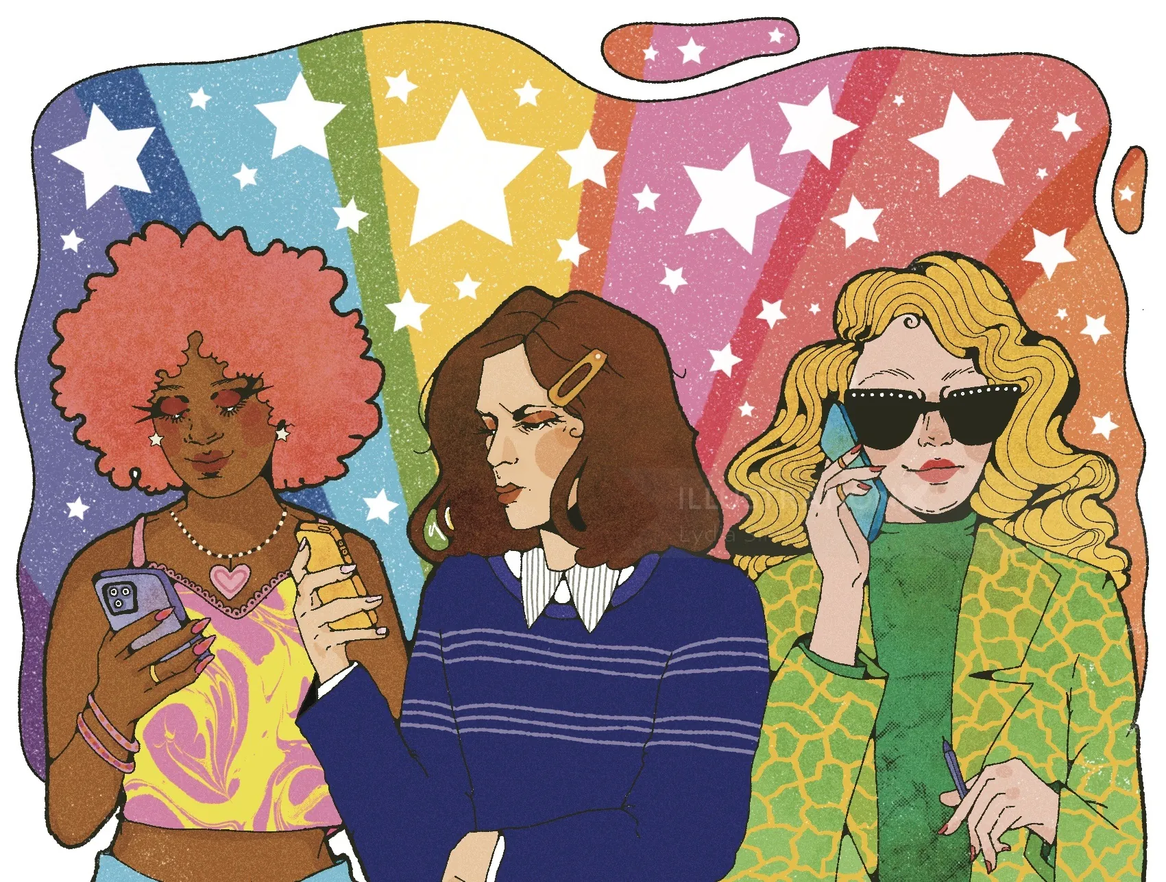 Illustration colorée de trois femmes aux profils différents utilisant des téléphones, par Lydia Silver
