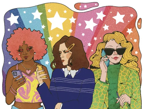 Illustration colorée de trois femmes aux profils différents utilisant des téléphones, par Lydia Silver