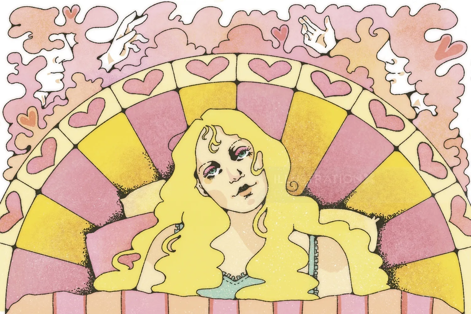 Illustration d'une femme aux longs cheveux sur un fond géométrique coloré par Lydia Silver