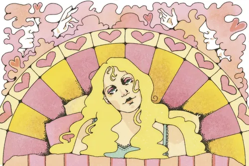 Illustration d'une femme aux longs cheveux sur un fond géométrique coloré par Lydia Silver