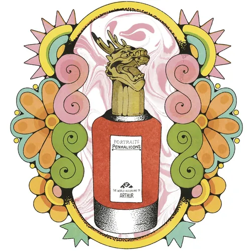 Illustration d'un flacon de parfum Penhaligons orné d'un cadre floral décoratif par Lydia Silver