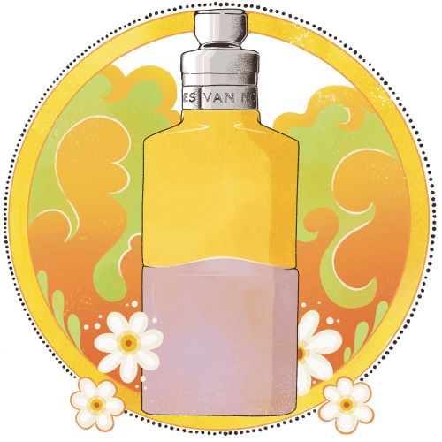 Colorful fragrance bottle with daisies and abstract background by Lydia Silver