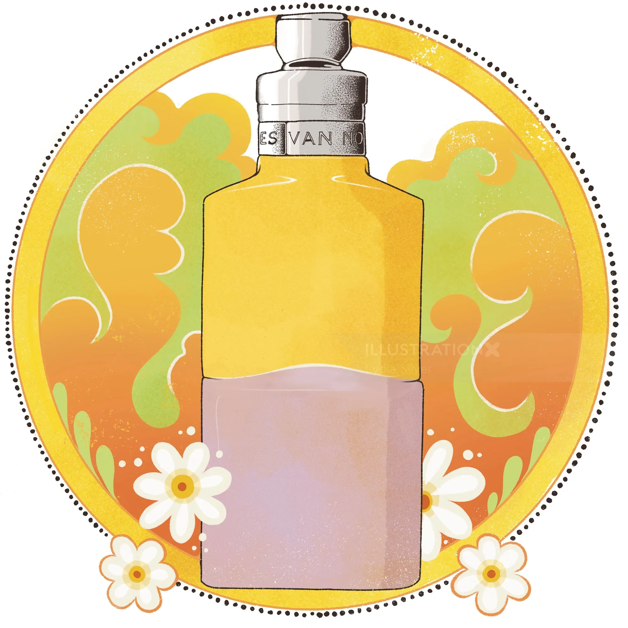 Flacon de parfum coloré orné de marguerites et d'un fond abstrait, par Lydia Silver