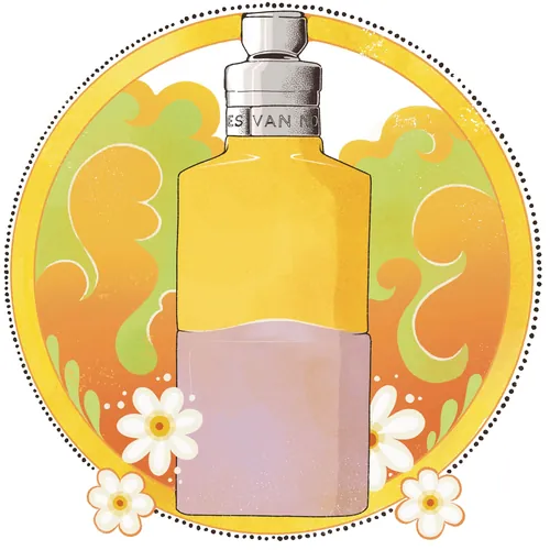 Flacon de parfum coloré orné de marguerites et d'un fond abstrait, par Lydia Silver