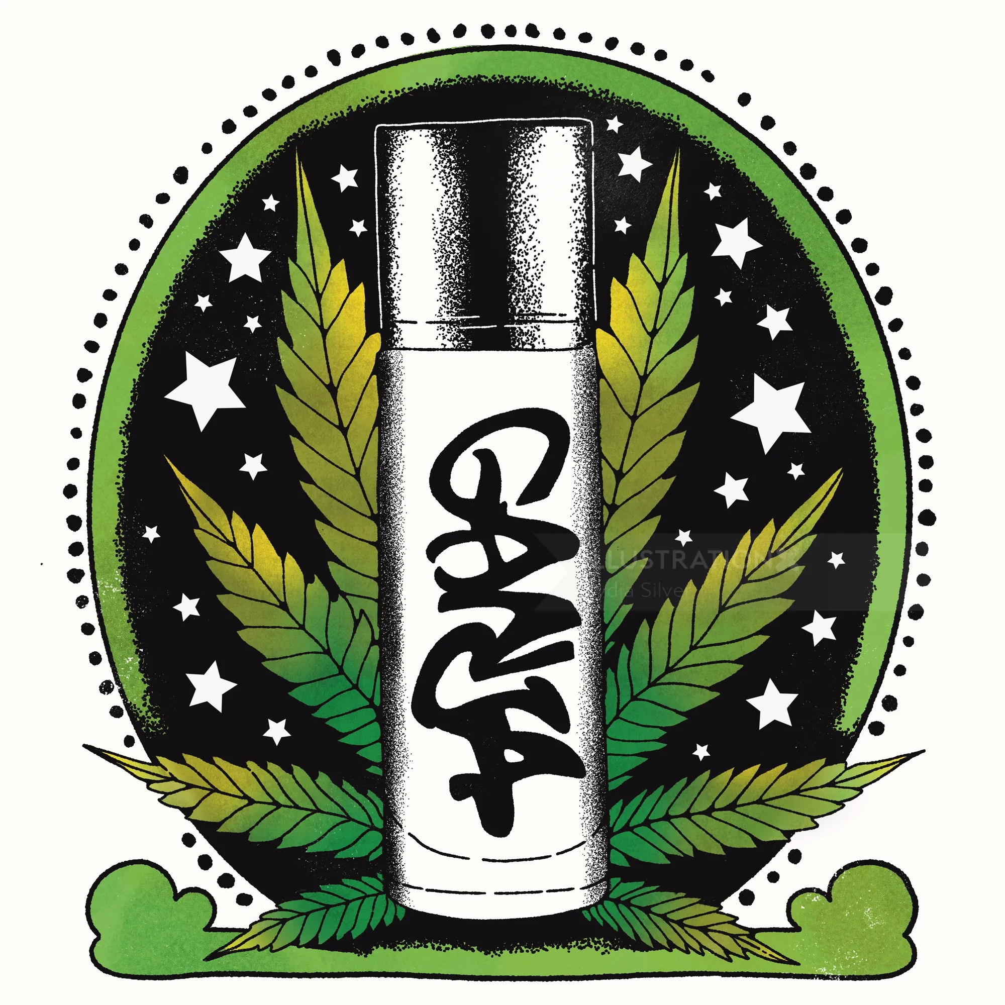 Flacon de parfum orné de feuilles de cannabis entourées d'étoiles, illustration de Lydia Silver
