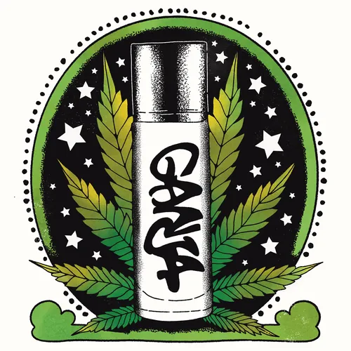 Flacon de parfum orné de feuilles de cannabis entourées d'étoiles, illustration de Lydia Silver