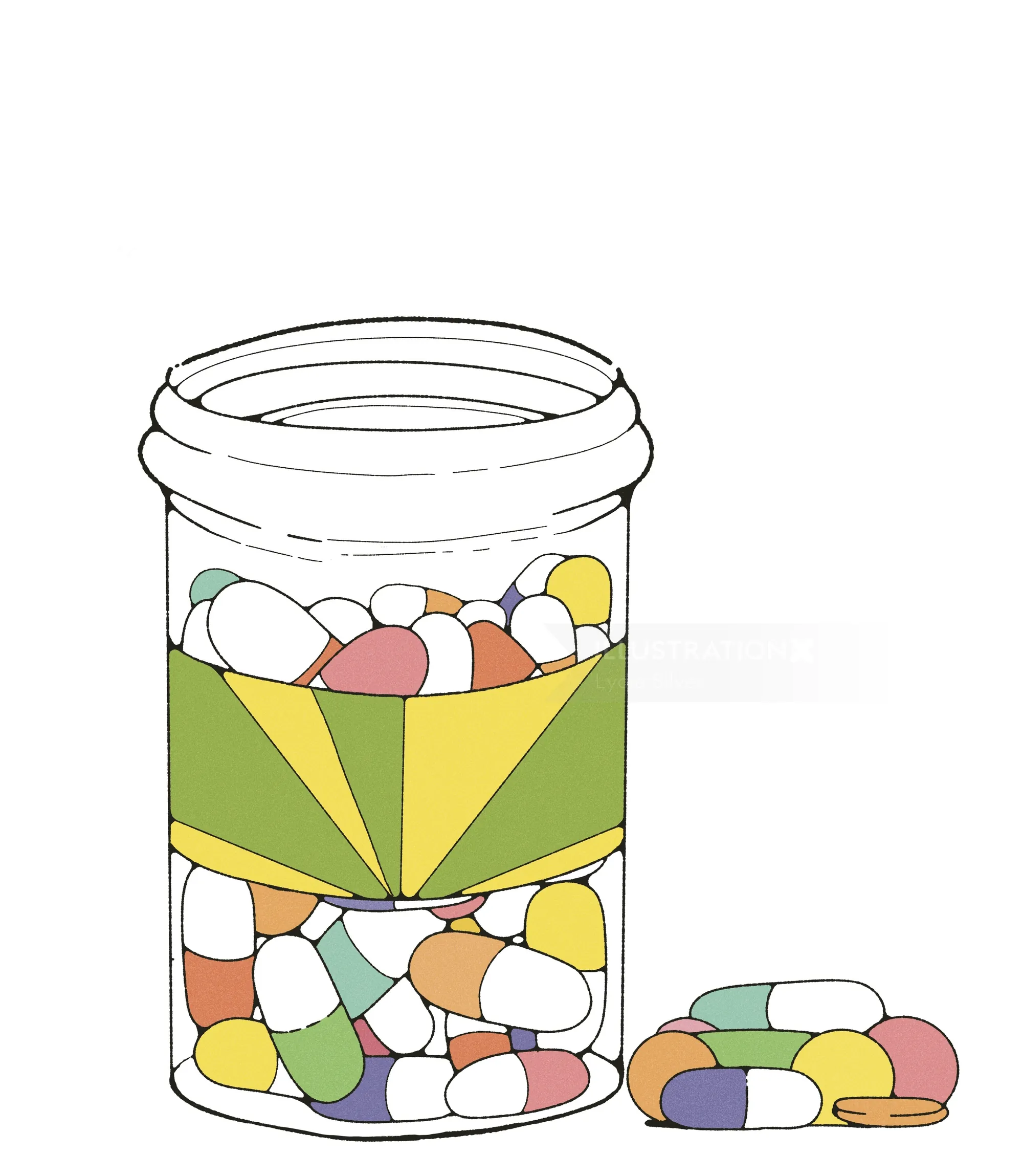 Illustration of a prescription pill bottle filled with colorful capsules by Lydia Silver