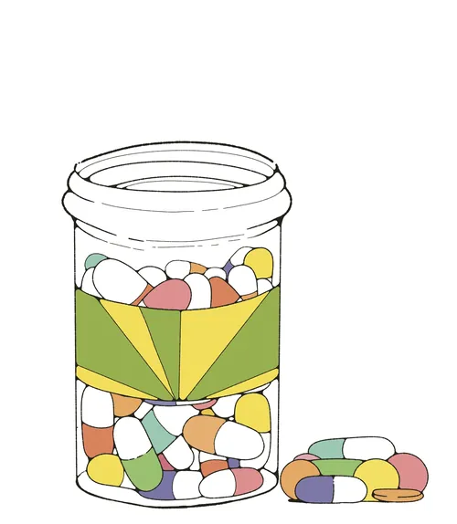 Illustration d'un flacon de pilules sur ordonnance rempli de capsules colorées par Lydia Silver