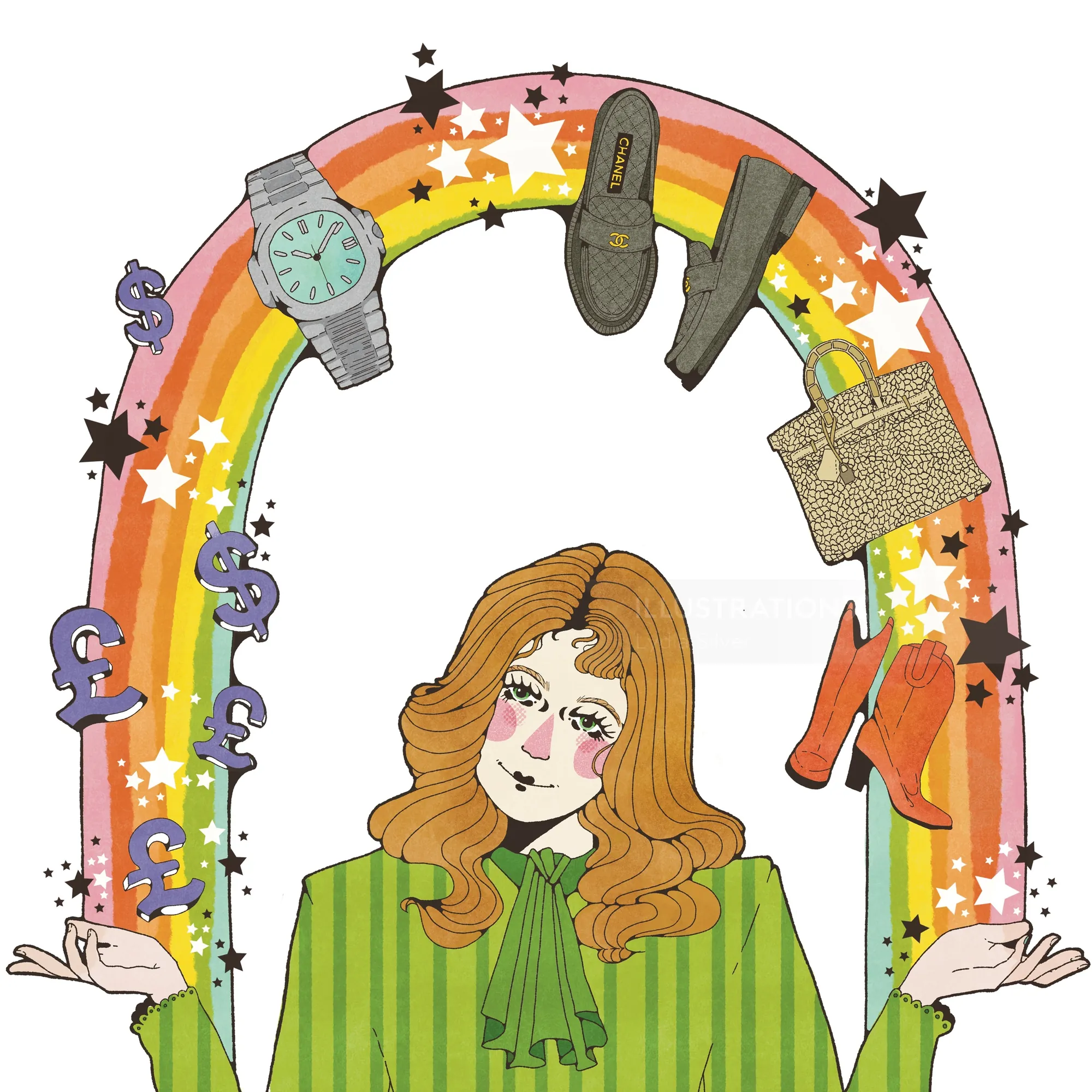 Illustration of a woman with rainbow surrounded by shoes, watch, and money symbols by Lydia Silver