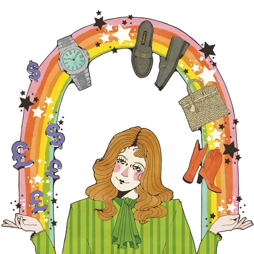 Illustration d'une femme avec un arc-en-ciel entourée de symboles de chaussures, de montre et d'argent par Lydia Silver