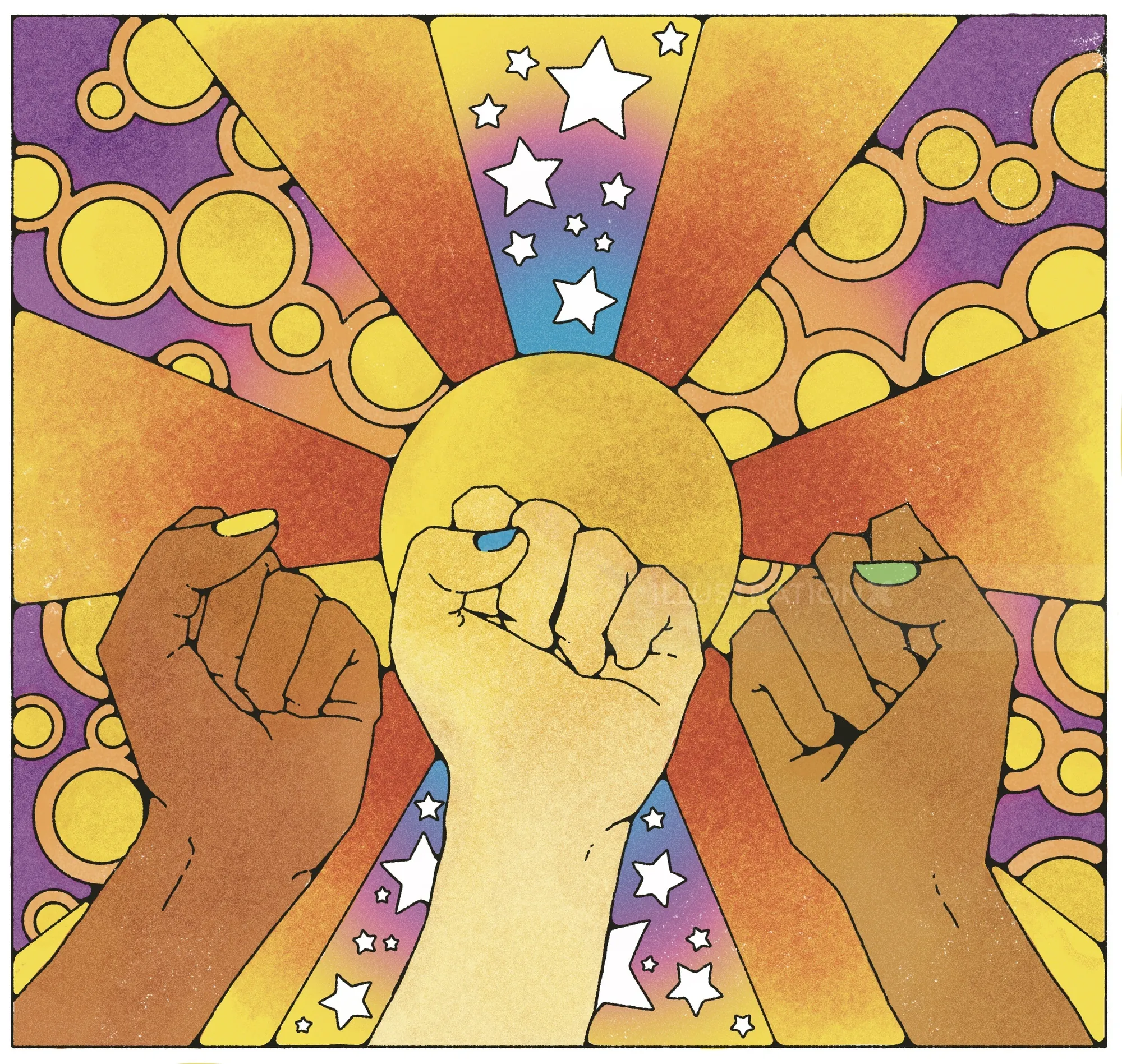 Poings levés ornés de rayons de soleil et d'étoiles colorées, par Lydia Silver