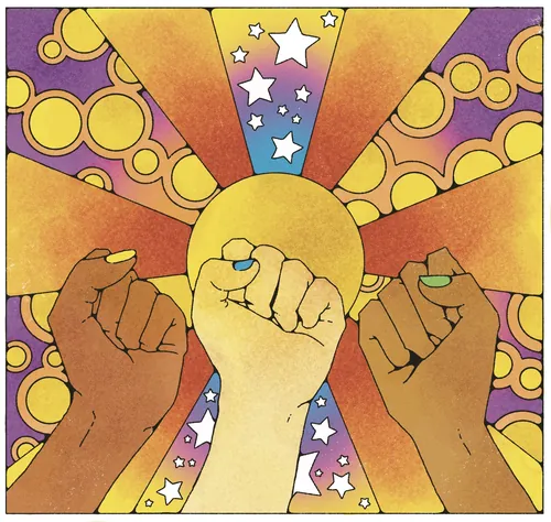 Poings levés ornés de rayons de soleil et d'étoiles colorées, par Lydia Silver