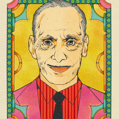 Illustrated portrait of John Waters with colorful ornate border by Lydia Silver