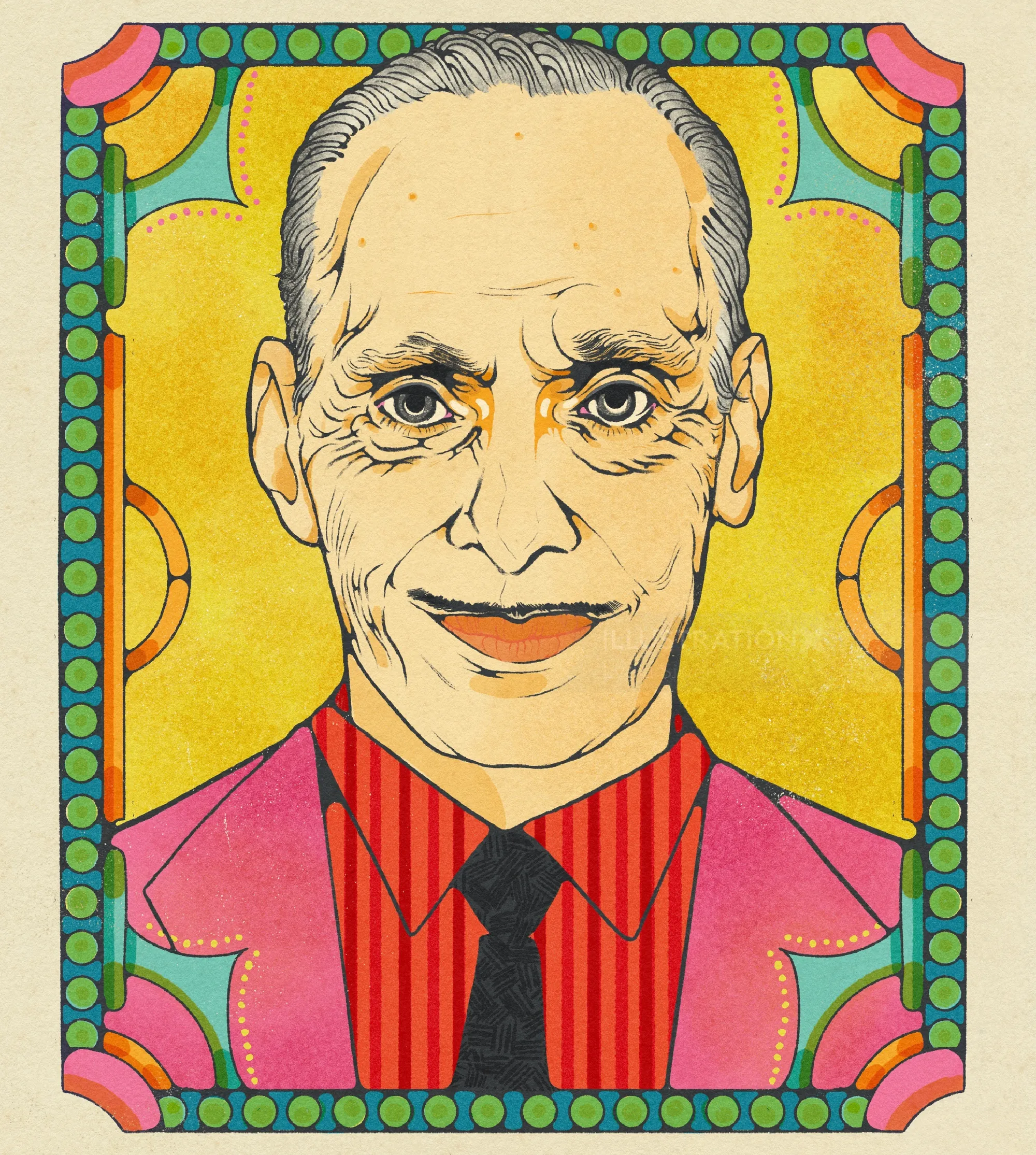 Illustrated portrait of John Waters with colorful ornate border by Lydia Silver