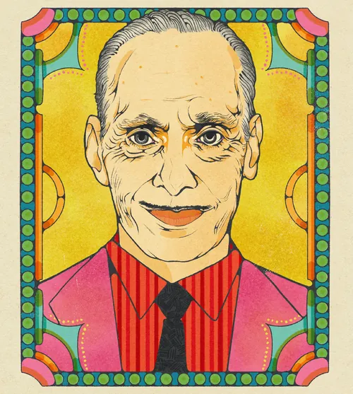 Portrait illustré de John Waters avec une bordure ornée et colorée par Lydia Silver