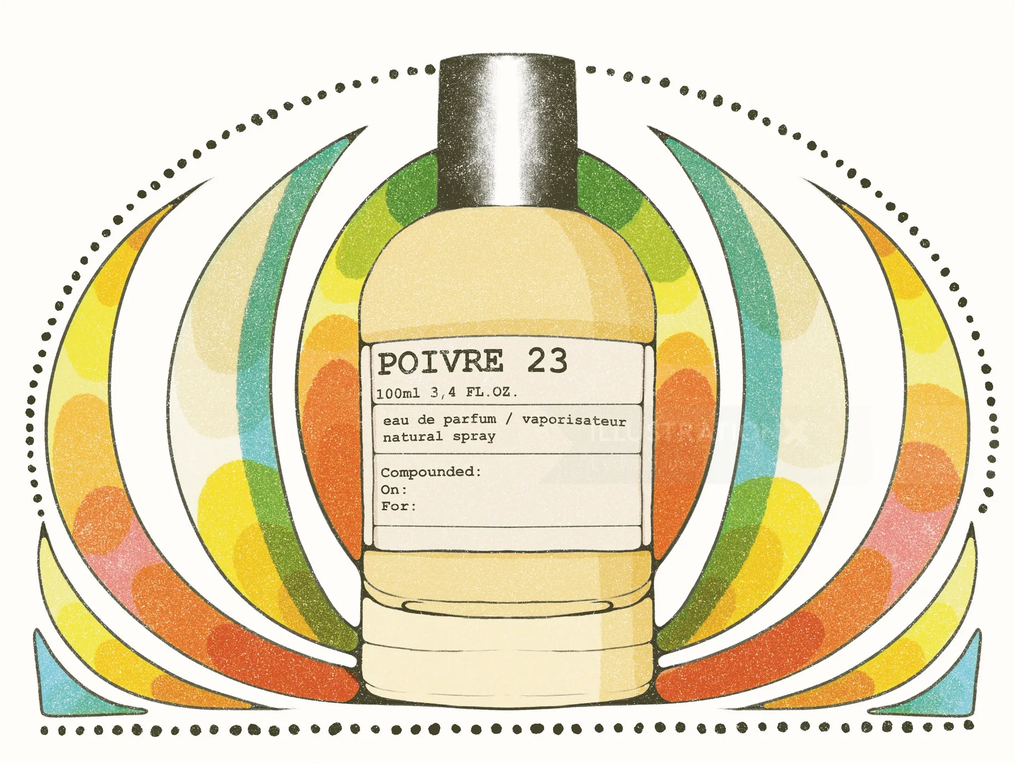 Illustration du flacon de parfum Poivre 23 sur fond circulaire coloré par Lydia Silver
