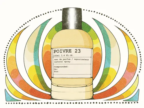 Illustration du flacon de parfum Poivre 23 sur fond circulaire coloré par Lydia Silver