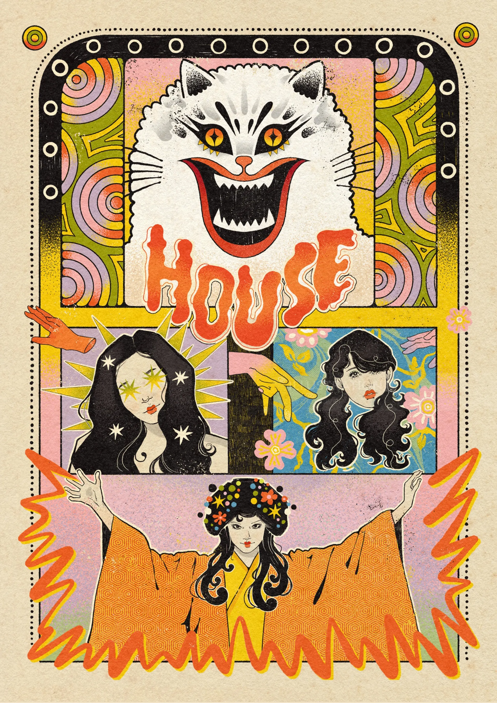 Affiche surréaliste et colorée représentant un visage de chat et trois femmes, inspirée par House, de Lydia Silver