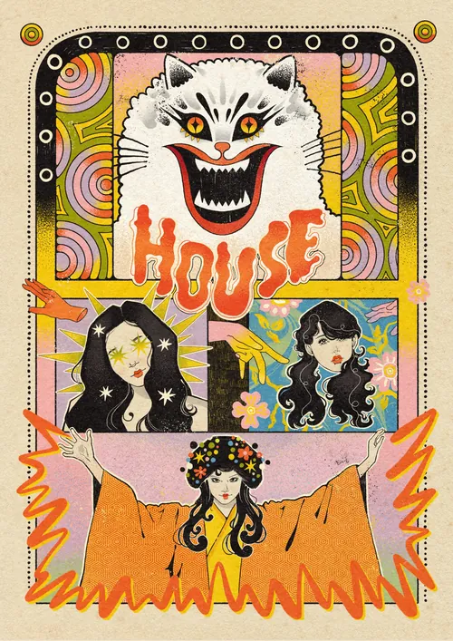 Affiche surréaliste et colorée représentant un visage de chat et trois femmes, inspirée par House, de Lydia Silver