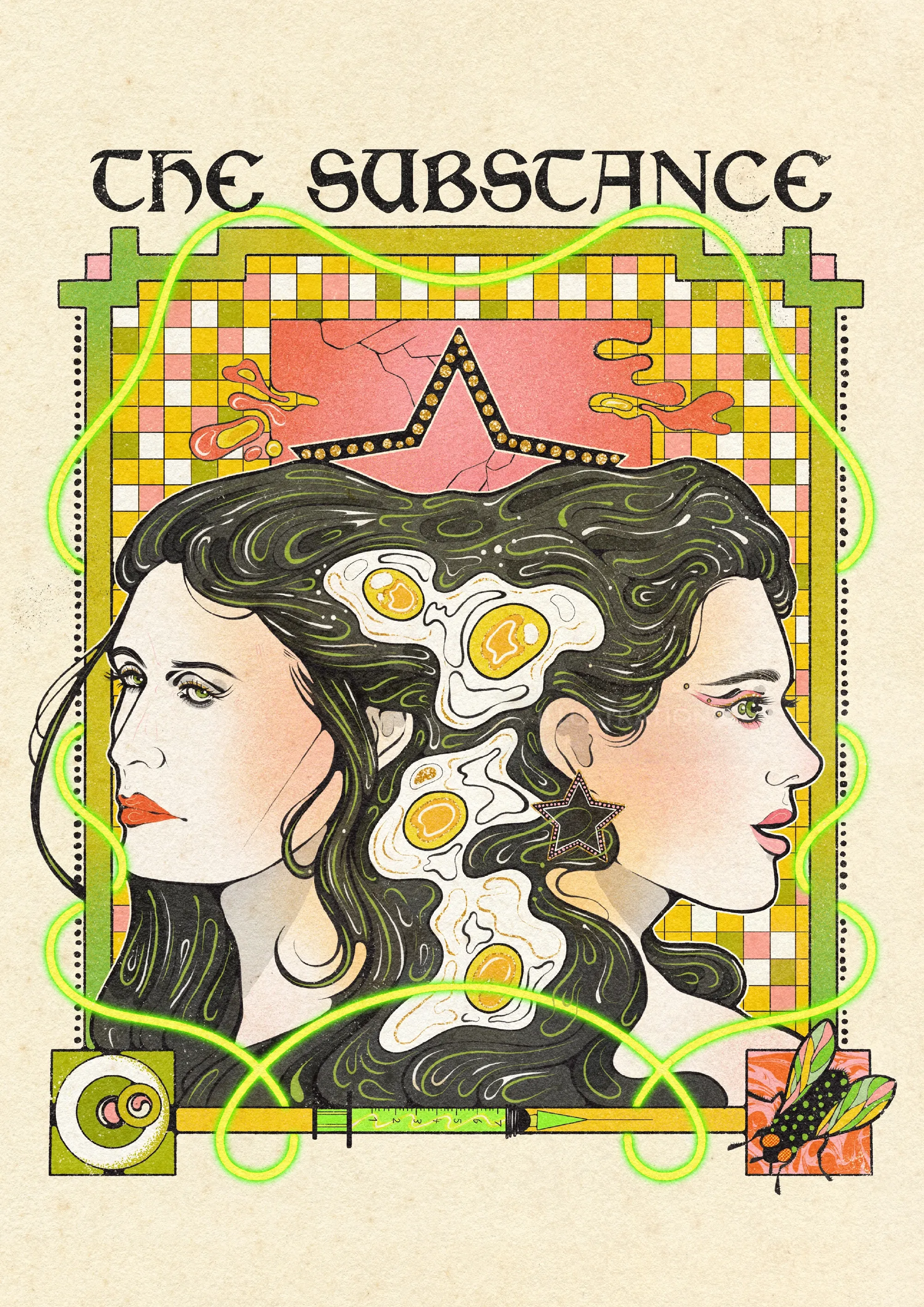 Affiche d'horreur surréaliste de Lydia Silver représentant deux femmes aux traits fondants.