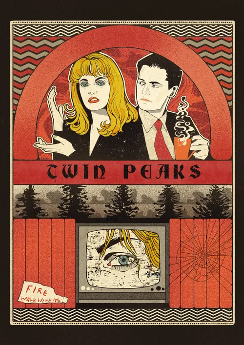 Affiche de Twin Peaks mettant en scène deux personnages et des images de forêt, par Lydia Silver