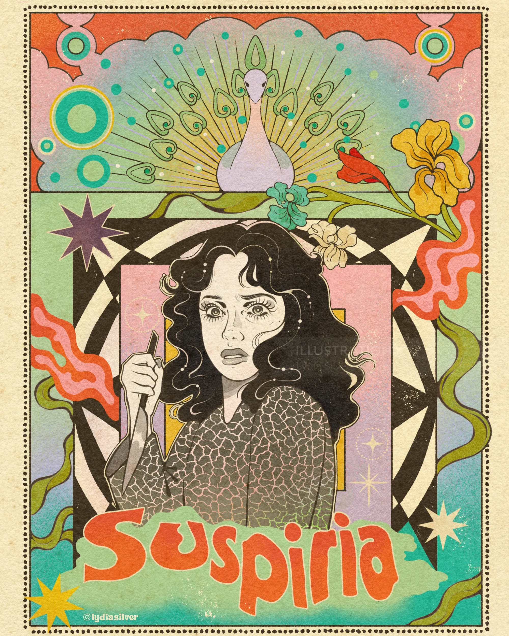 Affiche illustrée représentant une femme aux cheveux noirs et bouclés tenant un couteau, ornée de motifs floraux et d'un paon coloré.