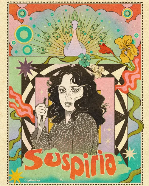 Affiche illustrée représentant une femme aux cheveux noirs et bouclés tenant un couteau, ornée de motifs floraux et d'un paon coloré.