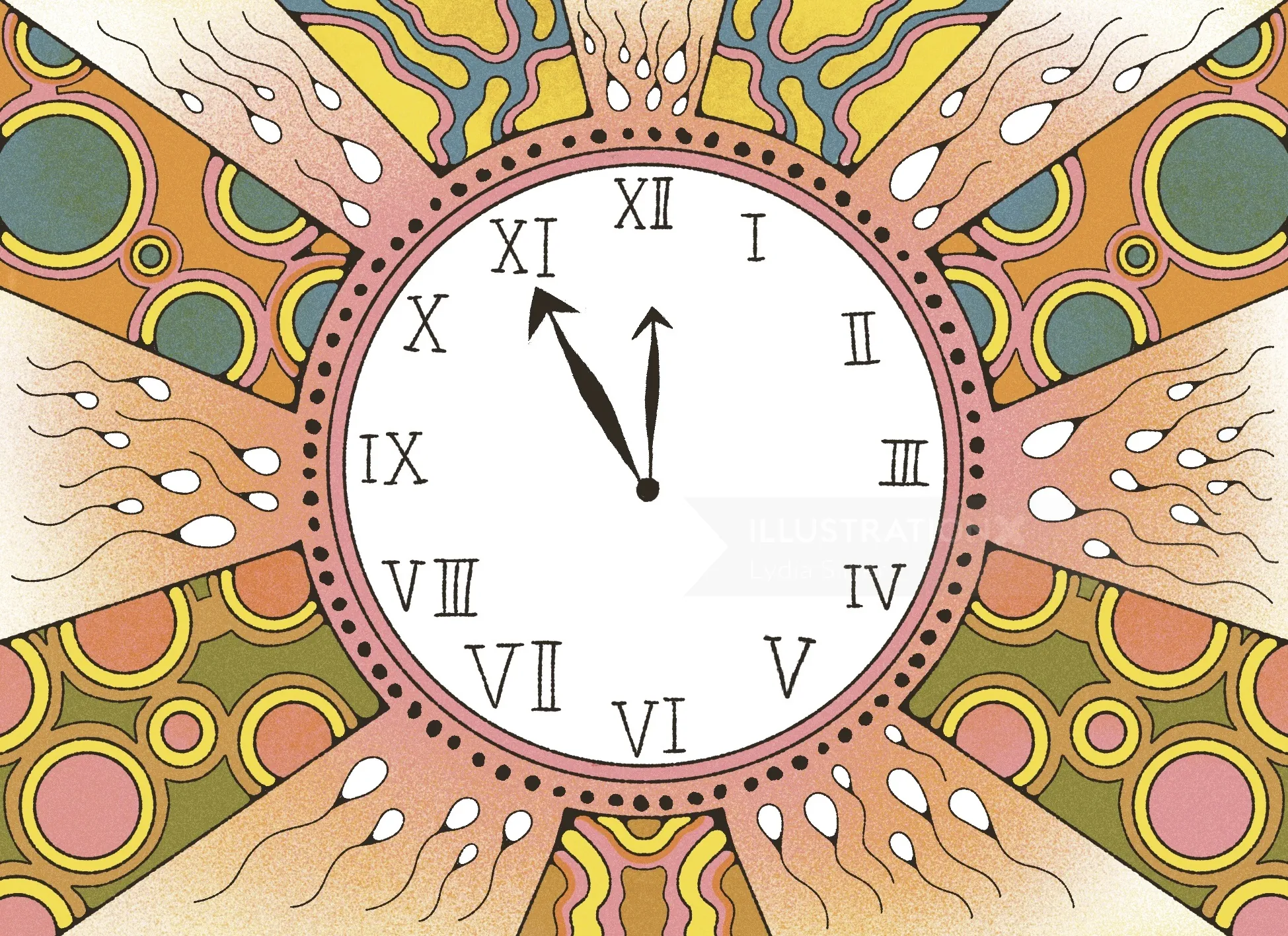Clock showing eleven o'clock surrounded by hands with nails, by Lydia Silver
