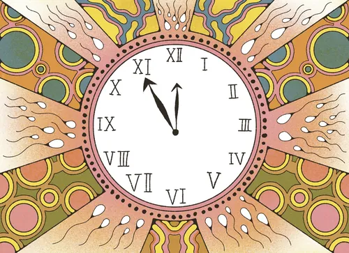 Horloge indiquant onze heures entourée d'aiguilles cloutées, par Lydia Silver