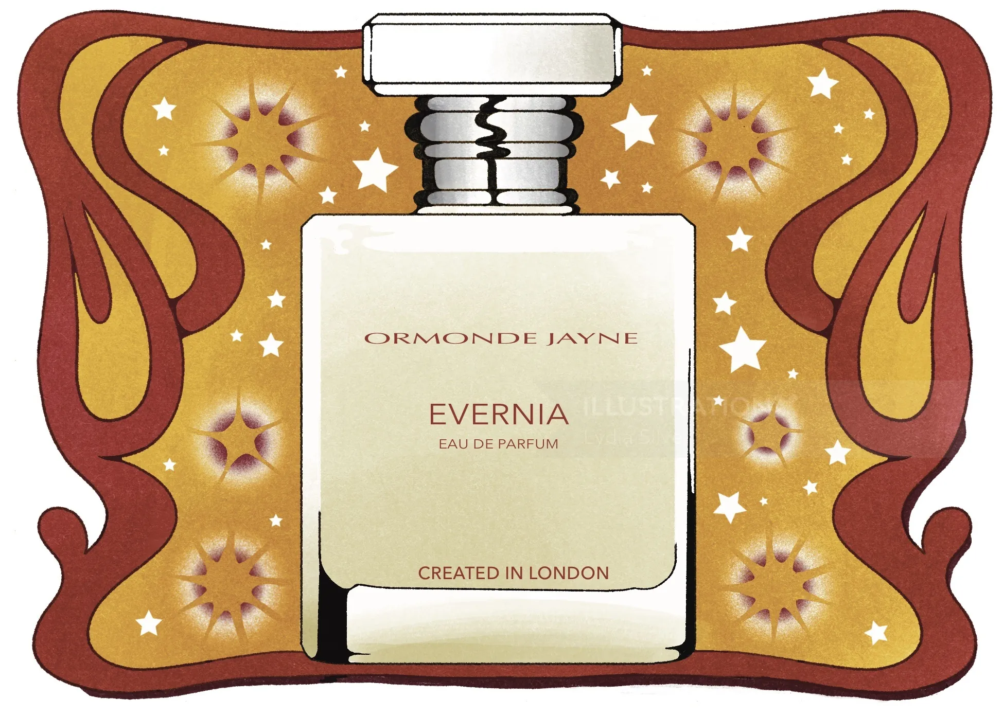 Illustration du flacon de parfum Evernia d'Ormonde Jayne par Lydia Silver