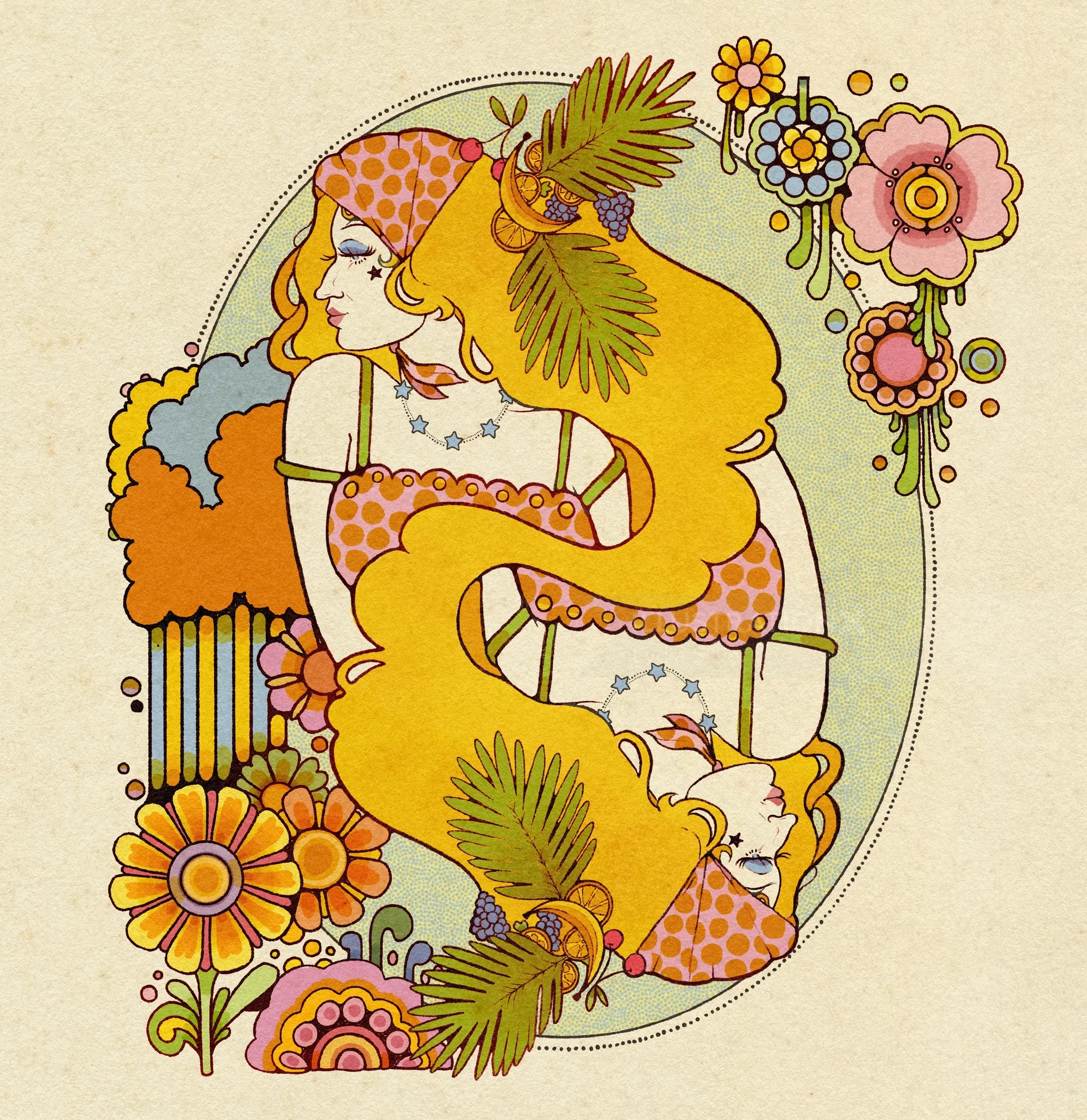 Colorful spring-themed woman with flowing hair and floral decorations by Lydia Silver
